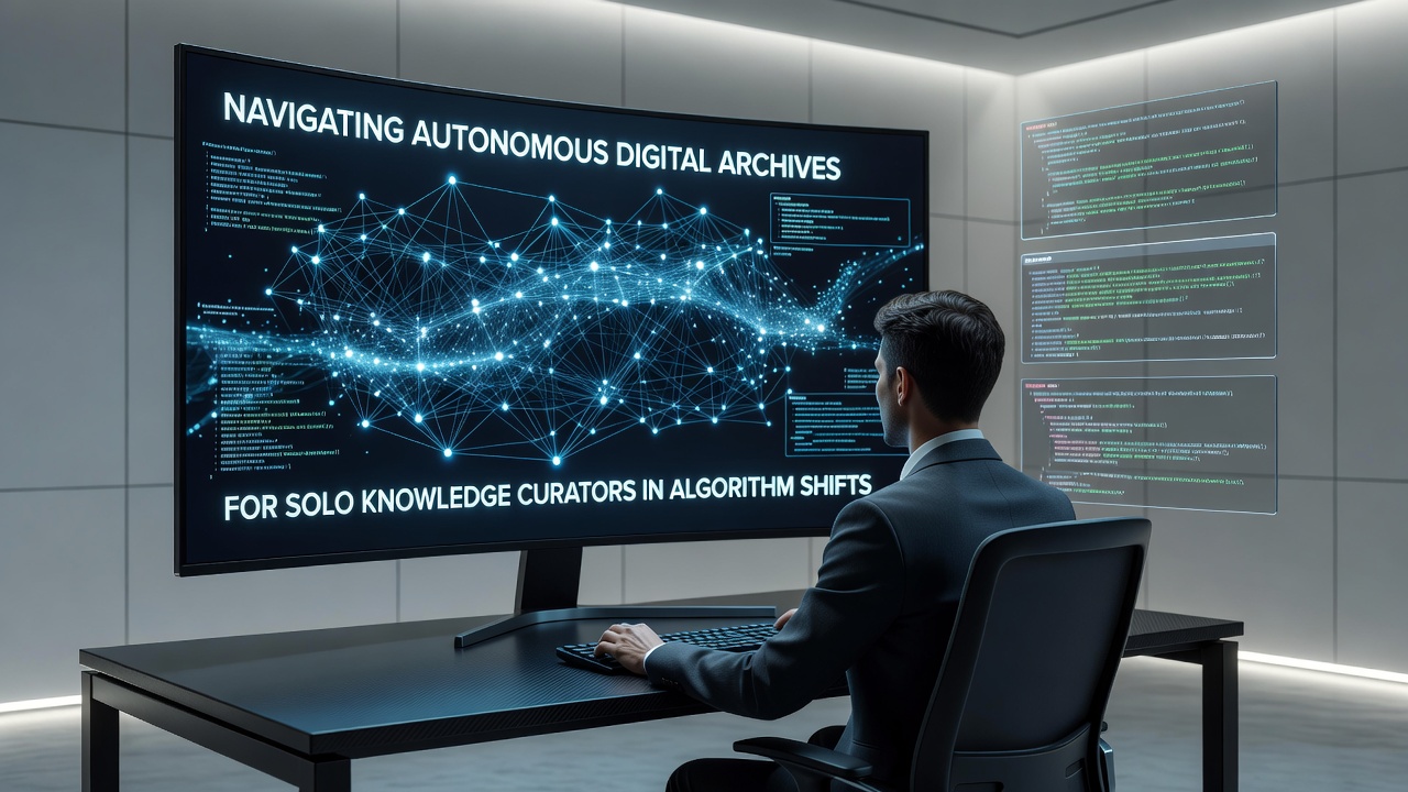 Knowledge curator analyzing archive performance metrics and algorithm impact reports on a workstation